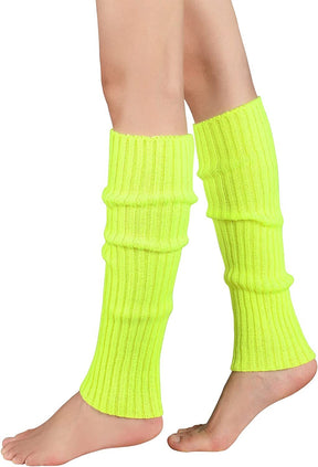 1 Pair Fluro Yellow Ribbed Leg Warmers - Womens Dance Costume/80s Party