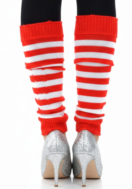 1 Pair Red/White Stripe Ribbed Leg Warmers - Womens Dance Costume/80s Party