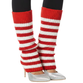 1 Pair Red/White Stripe Ribbed Leg Warmers - Womens Dance Costume/80s Party