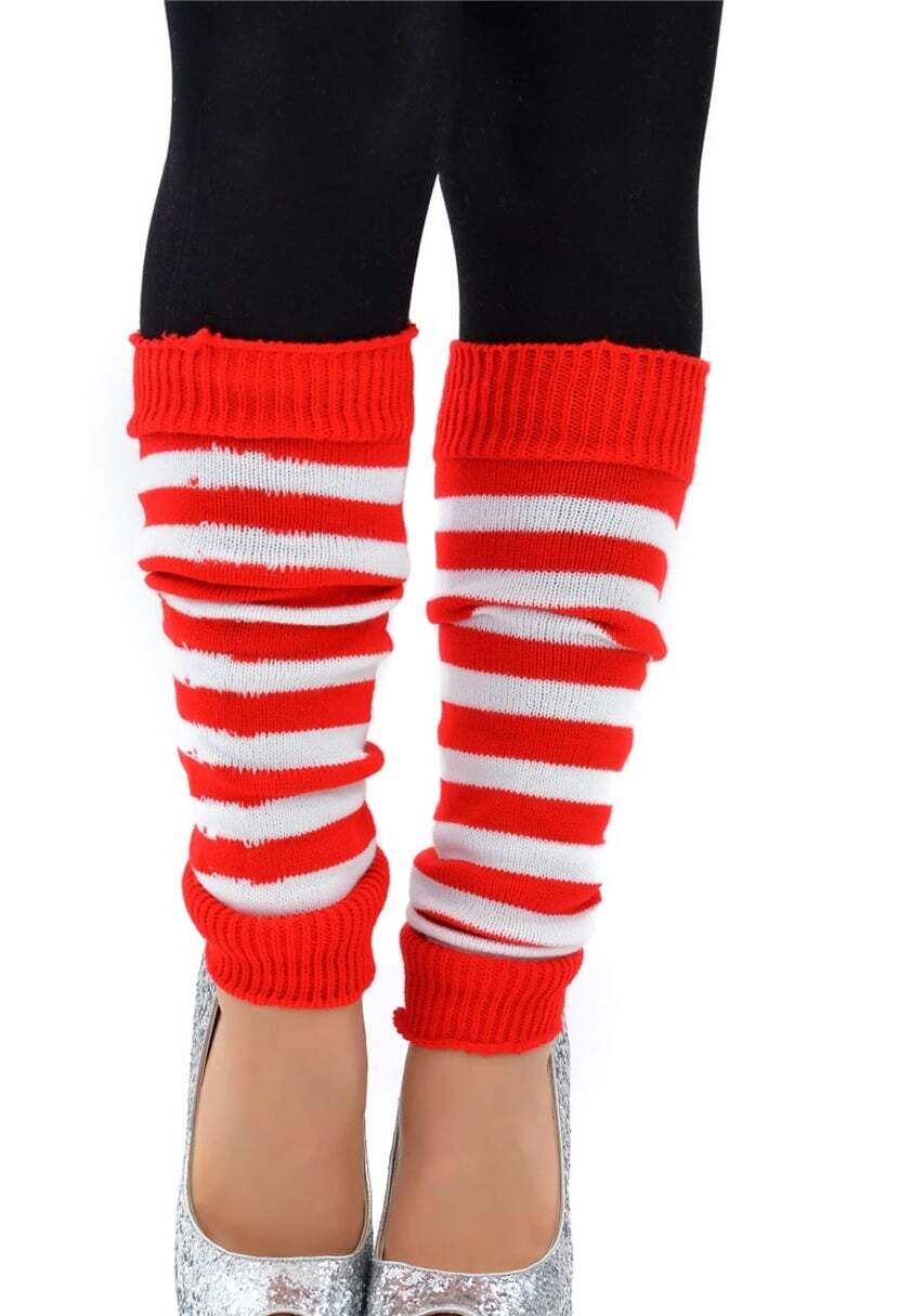 1 Pair Red/White Stripe Ribbed Leg Warmers - Womens Dance Costume/80s Party