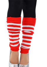 1 Pair Red/White Stripe Ribbed Leg Warmers - Womens Dance Costume/80s Party