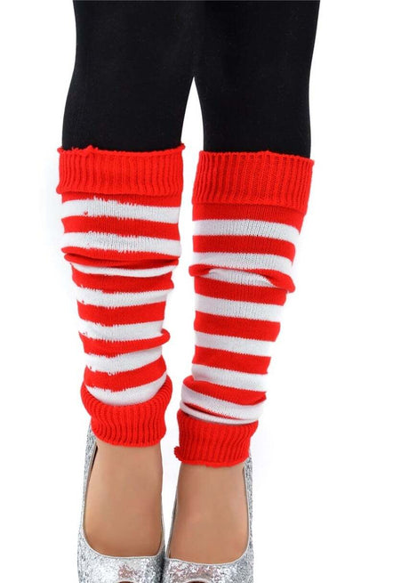 1 Pair Red/White Stripe Ribbed Leg Warmers - Womens Dance Costume/80s Party