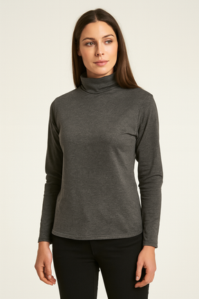 Ladies SKIVVY Womens Long Sleeve Plain Top Warm Turtleneck Cotton High Neck - Coal Marle - X-Small