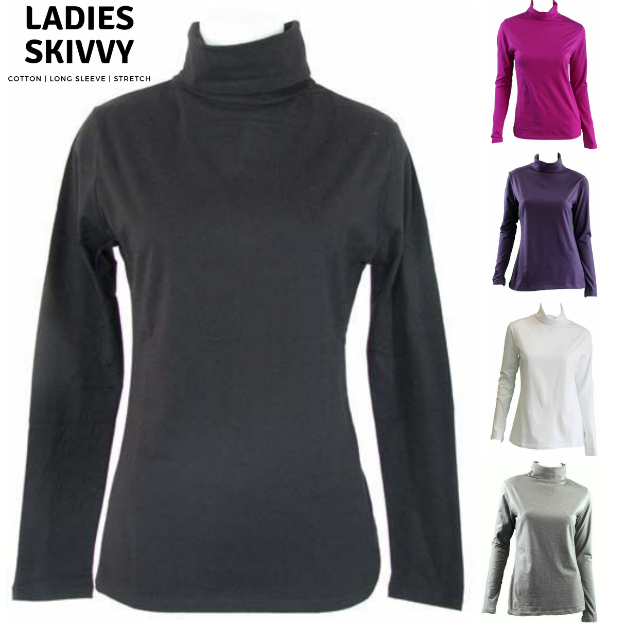 Ladies SKIVVY Womens Long Sleeve Plain Top Warm Turtleneck Cotton High Neck - Black