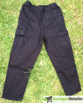 Mens 100% Cotton Cargo Pants - Elastic Waist Plain Casual Trousers - Black
