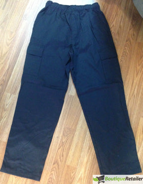 Mens 100% Cotton Cargo Pants - Elastic Waist Plain Casual Trousers - Navy