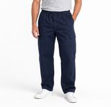 Mens CARGO PANTS Trousers Elastic Waist 100% COTTON Army Military PLAIN Casual - Navy - S