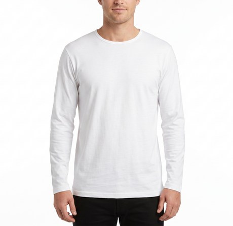 Mens 100% COTTON PLAIN LONG SLEEVE TOP Basic T Shirt Tee Slim Fitted Style - White - XXL