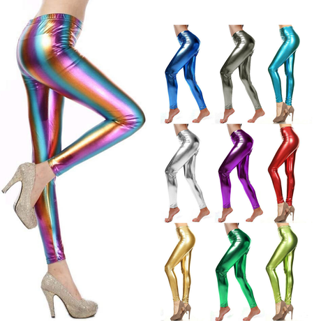 Metallic Leggings Stretchy Pants Neon Fluro Shiny Glossy Dress Up Dance Party - Black