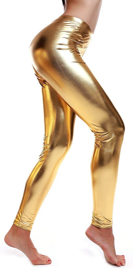 DELUXE METALLIC LEGGINGS Shiny Neon Stretch Dance Costume Fancy Dress Party - Light Pink