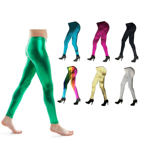 DELUXE METALLIC LEGGINGS Shiny Neon Stretch Dance Costume Fancy Dress Party - Black