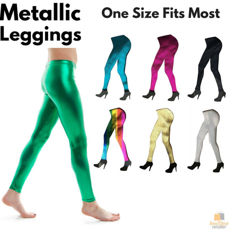 DELUXE METALLIC LEGGINGS Shiny Neon Stretch Dance Costume Fancy Dress Party - Gold/Yellow