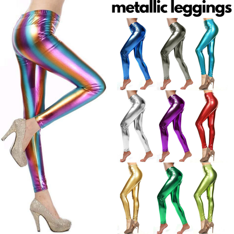 Metallic Leggings Stretchy Pants Neon Fluro Shiny Glossy Dress Up Dance Party - Bronze