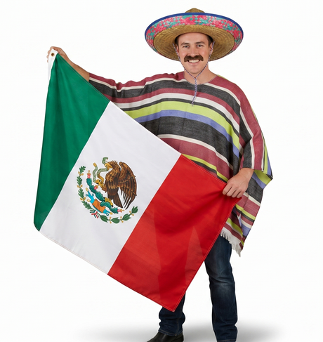 Mens 3pc Mexican Flag + Poncho + Sombrero Set - Wild West/Cowboy (Halloween & Fancy Dress)