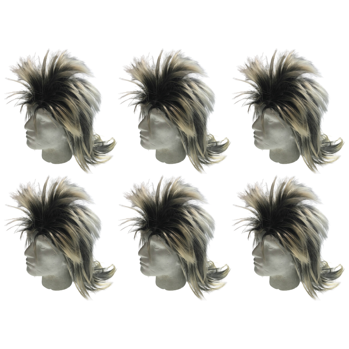 6x Mens Black/Blonde Long Spiky Mullet Wig Bulk Pack - Bogan/Punk Rock Costume for 80s Party