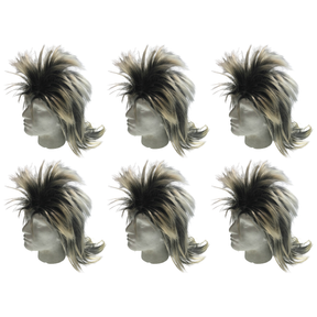 6x Mens Black/Blonde Long Spiky Mullet Wig Bulk Pack - Bogan/Punk Rock Costume for 80s Party
