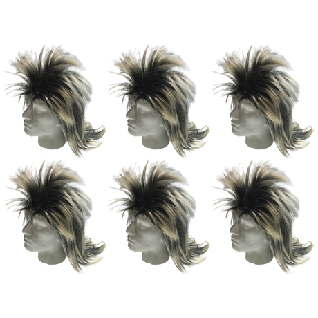 6x Mens Black/Blonde Long Spiky Mullet Wig Bulk Pack - Bogan/Punk Rock Costume for 80s Party
