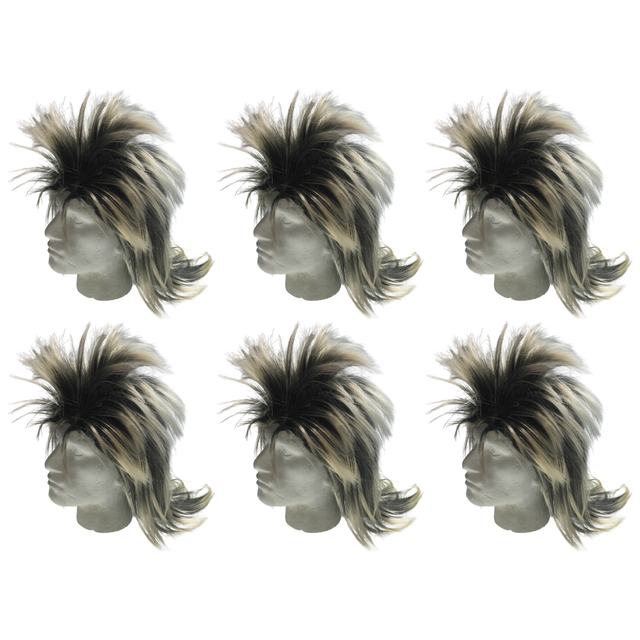 6x Mens Black/Blonde Long Spiky Mullet Wig Bulk Pack - Bogan/Punk Rock Costume for 80s Party