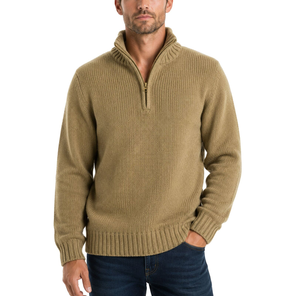 Mens Knit Half Zip Pullover Jumper - Maize (Stretch Winter Sweater)