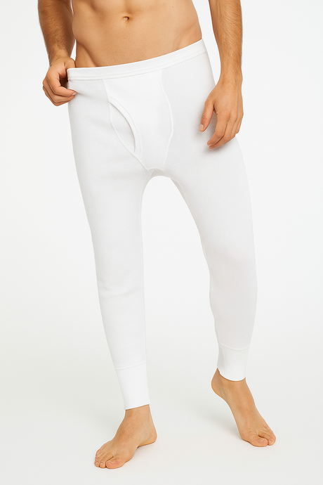 Mens Thermo Fleece Thermal Long John Tights - White - XL (Cotton Blend Base Layer Pants)