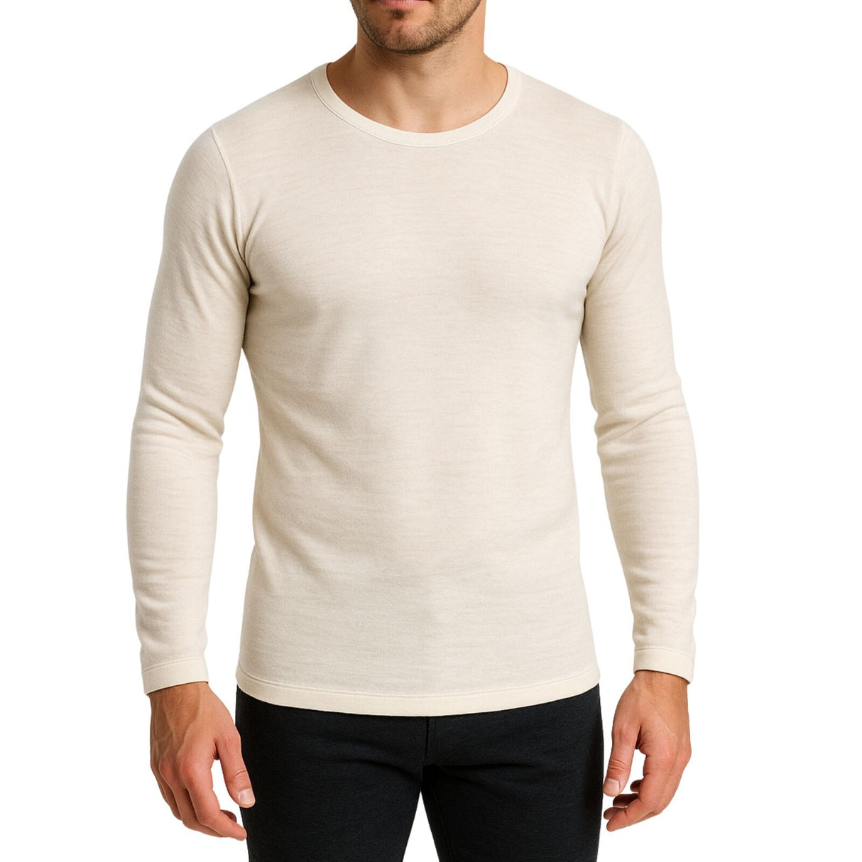 Thermo Fleece Mens 100% Merino Wool Long Sleeve Thermal Top - Natural