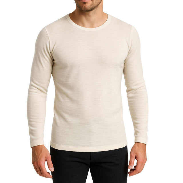 Thermo Fleece Mens 100% Merino Wool Long Sleeve Thermal Top - Natural
