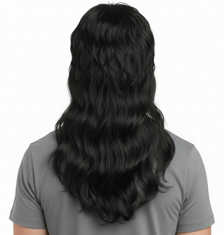 Mens Black Long Mullet Wig - Bogan/Rock Costume for 80s Party