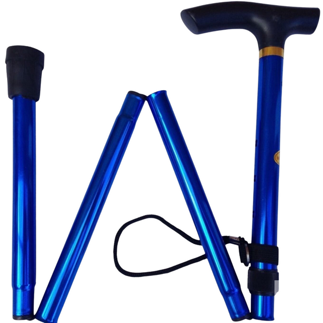 Adjustable Metal WALKING STICK Travel Cane Folding Pole Compact Retractable Hike - Blue