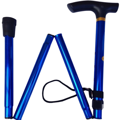 Blue Adjustable Metal Walking Stick - Folding Compact Travel Cane/Pole