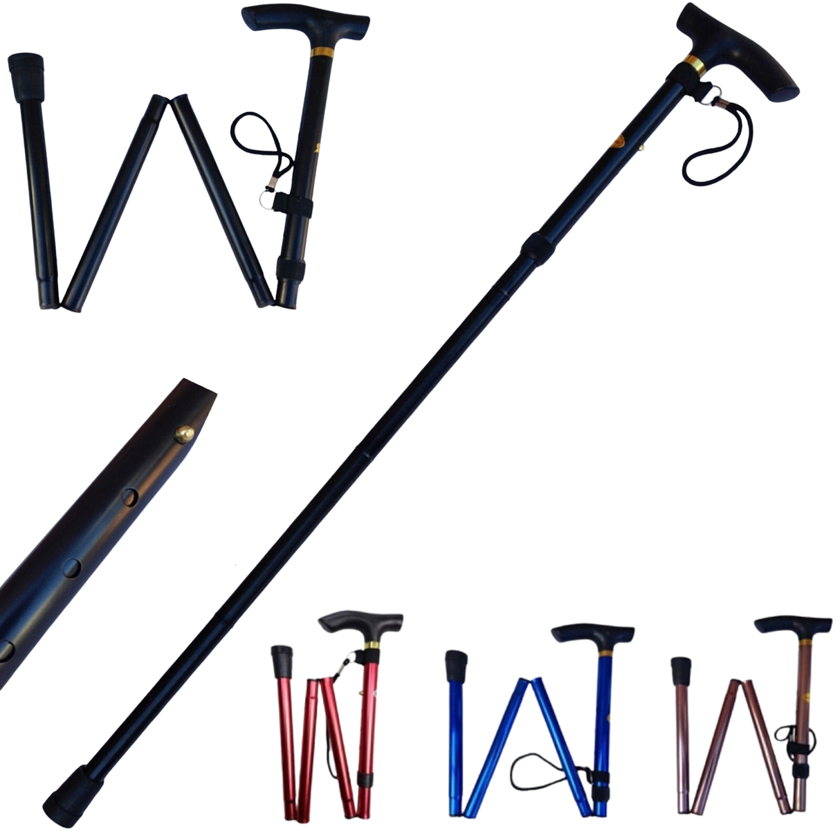 Adjustable Metal WALKING STICK Travel Cane Folding Pole Compact Retractable Hike - Blue