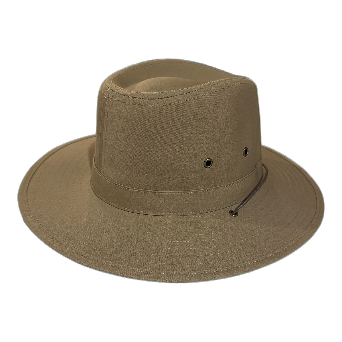 Mens Showerproof Wide Brim Outback Hat with Chin Cord - Khaki