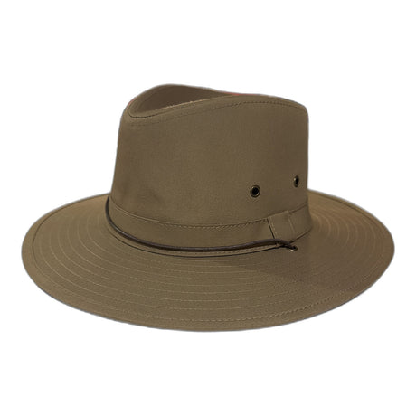 Mens Showerproof Wide Brim Outback Hat with Chin Cord - Khaki
