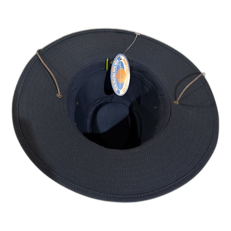 Mens Showerproof Wide Brim Outback Hat with Chin Cord - Navy (Polyester Cotton & Vented Crown)