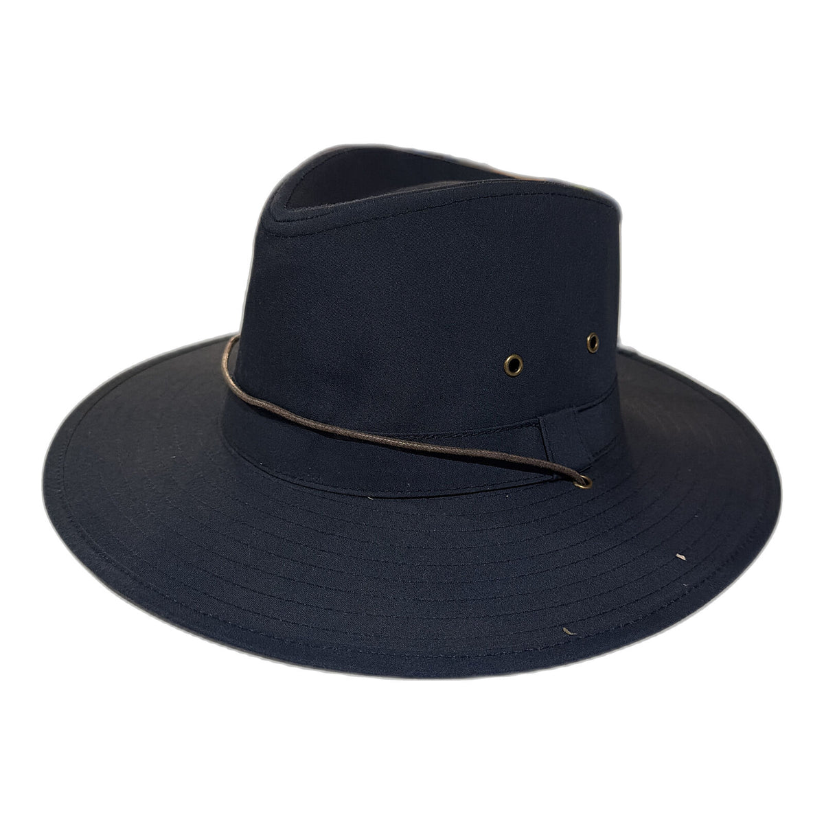 Mens Showerproof Wide Brim Outback Hat with Chin Cord - Navy