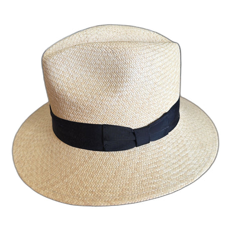 Mens Hand-Woven Panama Straw Fedora Hat - Natural & Dark Navy (Made in Ecuador)