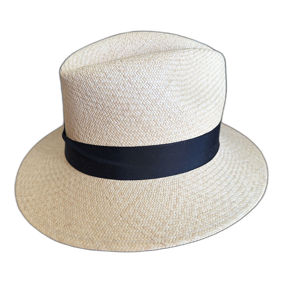 Mens Hand-Woven Panama Straw Fedora Hat - Natural & Dark Navy (Made in Ecuador)