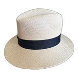 Mens Hand-Woven Panama Straw Fedora Hat - Natural & Dark Navy (Made in Ecuador)