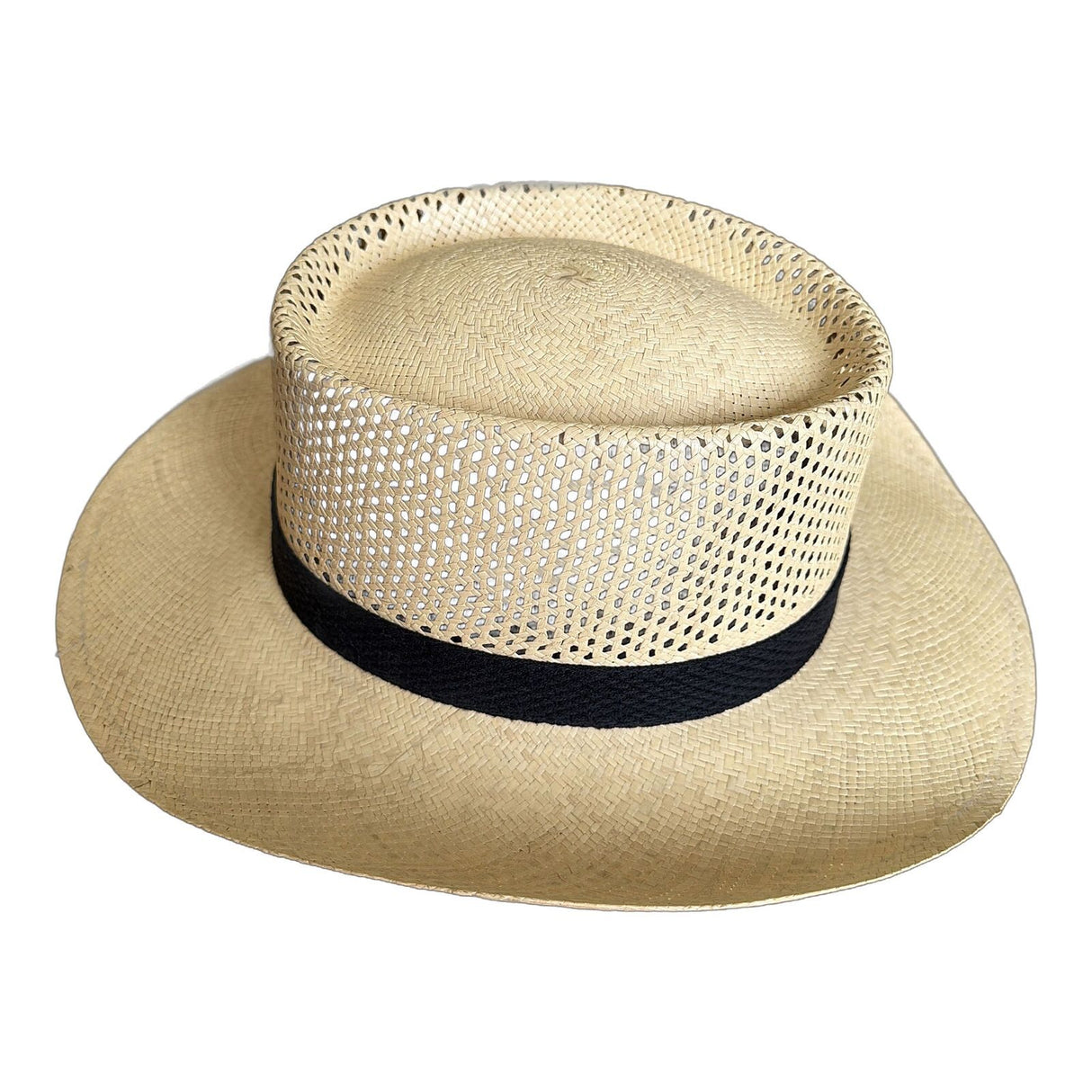 Premium Ecuadorian Vented Panama Straw Fedora Hat - Natural & Black (Made in USA) One Size