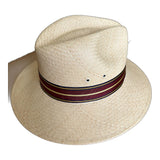 Handwoven Genuine Panama Straw Fedora Hat - Natural & Burgundy Stripe