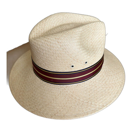 Handwoven Genuine Panama Straw Fedora Hat - Natural & Burgundy Stripe