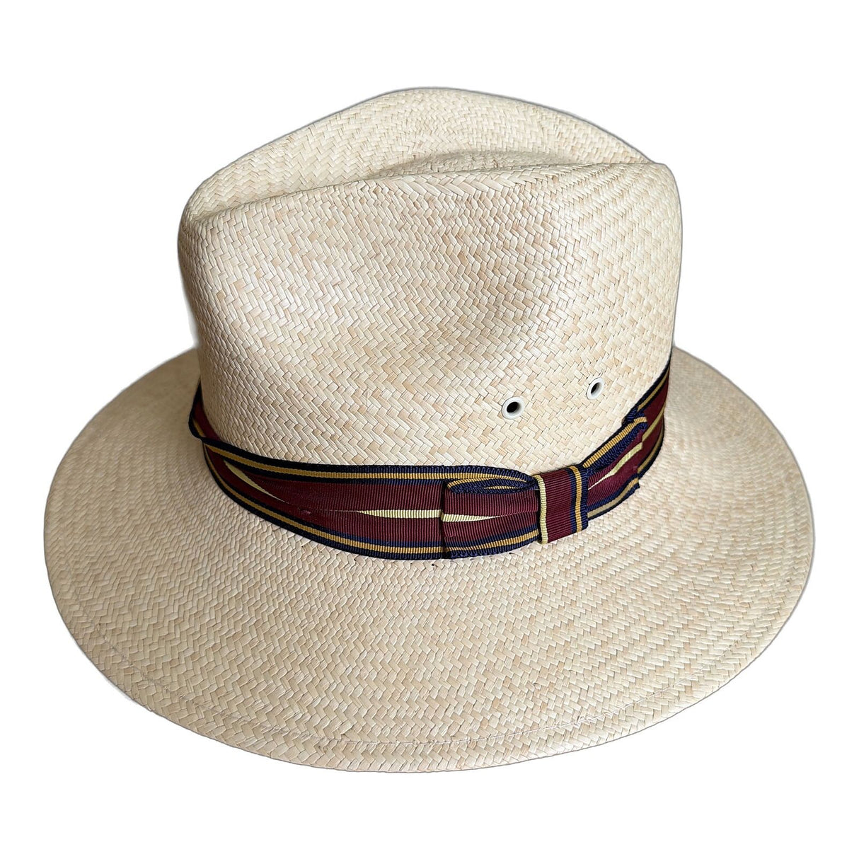 Panama Straw Fedora Hat - Natural & Burgundy Stripe - S