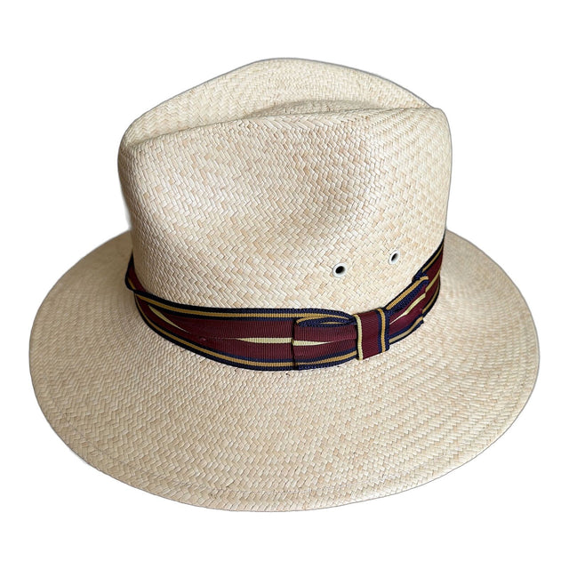 Panama Straw Fedora Hat - Natural & Burgundy Stripe - S