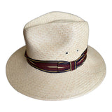 Handwoven Genuine Panama Straw Fedora Hat - Natural & Burgundy Stripe