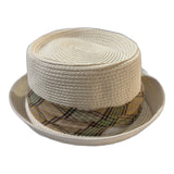 Foldable Natural Fibre Pork Pie Hat with Check Band - White