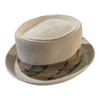 Foldable Natural Fibre Pork Pie Hat with Check Band - White