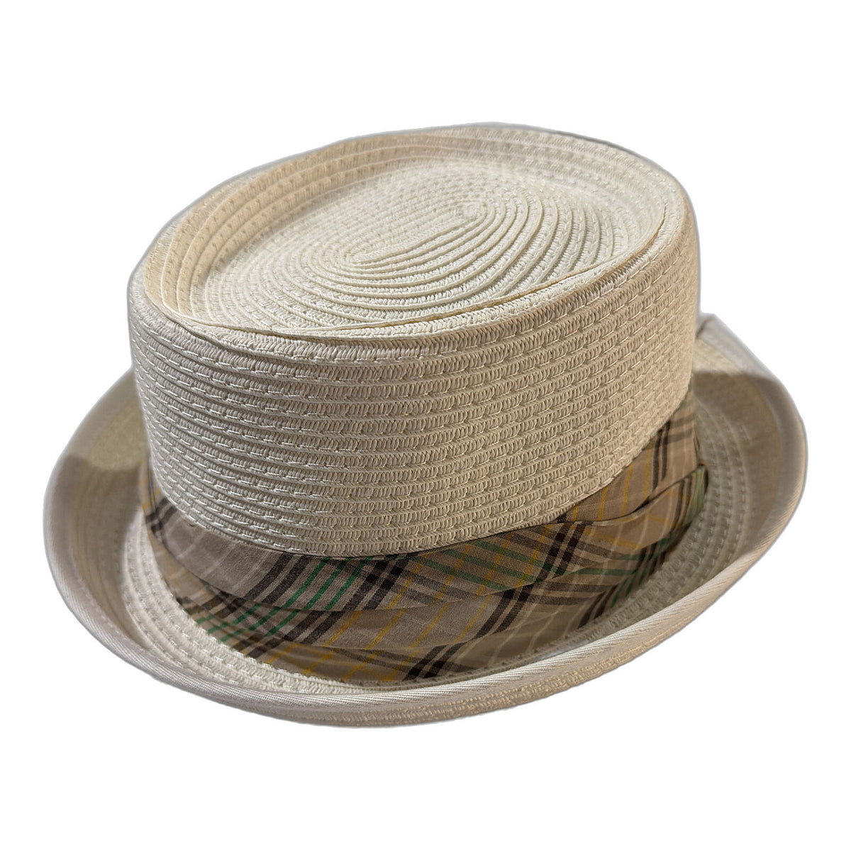Foldable Natural Fibre Pork Pie Hat with Check Band - White