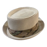 Foldable Natural Fibre Pork Pie Hat with Check Band - White