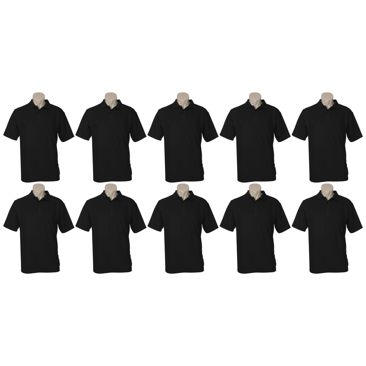 10x Mens Plain Short Sleeve Polo Shirt Bulk Pack - Black (Pique Knit UPF Casual T-Shirt)