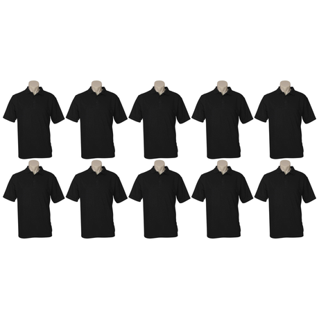 10x Mens Plain Short Sleeve Polo Shirt Bulk Pack - Black (Pique Knit UPF Casual T-Shirt)