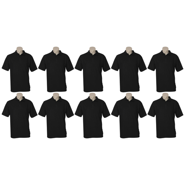 10x Mens Plain Short Sleeve Polo Shirt Bulk Pack - Black (Pique Knit UPF Casual T-Shirt)
